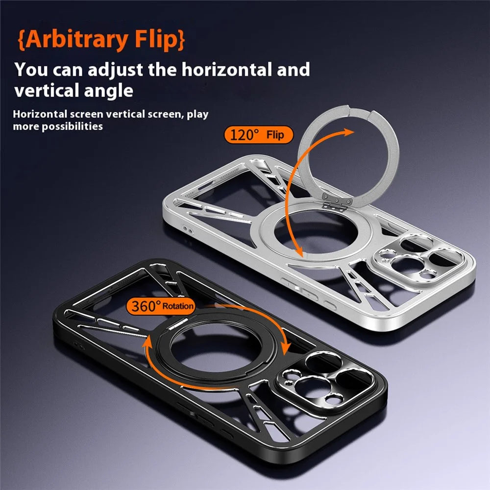 For iPhone 16 Pro Case Magnetic Kickstand Hollow Heat Dissipation Silicone + PC + Metal Bumper Phone Cover - Black - 4