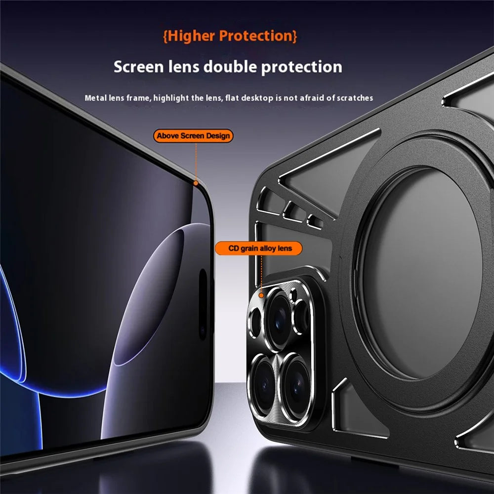 For iPhone 16 Pro Case Magnetic Kickstand Hollow Heat Dissipation Silicone + PC + Metal Bumper Phone Cover - Black - 5