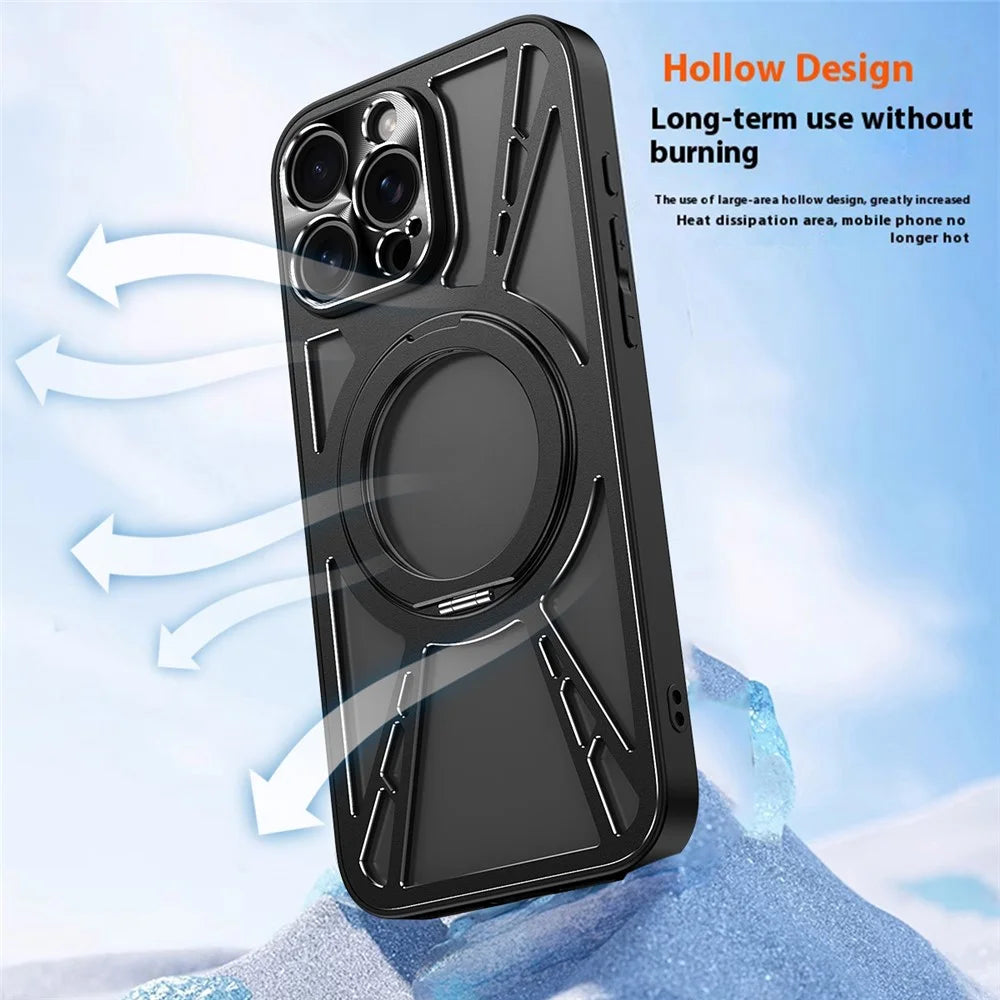 For iPhone 16 Pro Case Magnetic Kickstand Hollow Heat Dissipation Silicone + PC + Metal Bumper Phone Cover - Black - 6