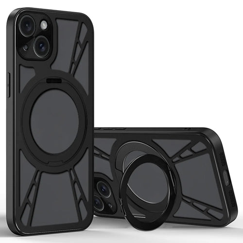 For iPhone 15 Case Magnetic Kickstand Hollow Heat Dissipation Silicone + PC + Metal Bumper Phone Cover - Black - 1