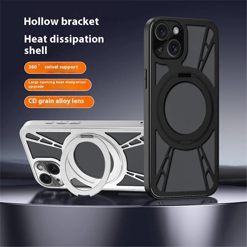 For iPhone 15 Case Magnetic Kickstand Hollow Heat Dissipation Silicone + PC + Metal Bumper Phone Cover - Black - 2
