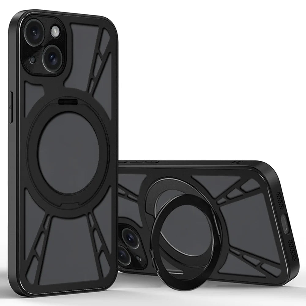 For iPhone 13 Case Magnetic Kickstand Hollow Heat Dissipation Silicone + PC + Metal Bumper Phone Cover - Black - 1