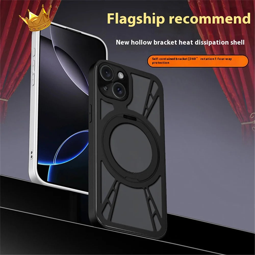 For iPhone 13 Case Magnetic Kickstand Hollow Heat Dissipation Silicone + PC + Metal Bumper Phone Cover - Black - 3