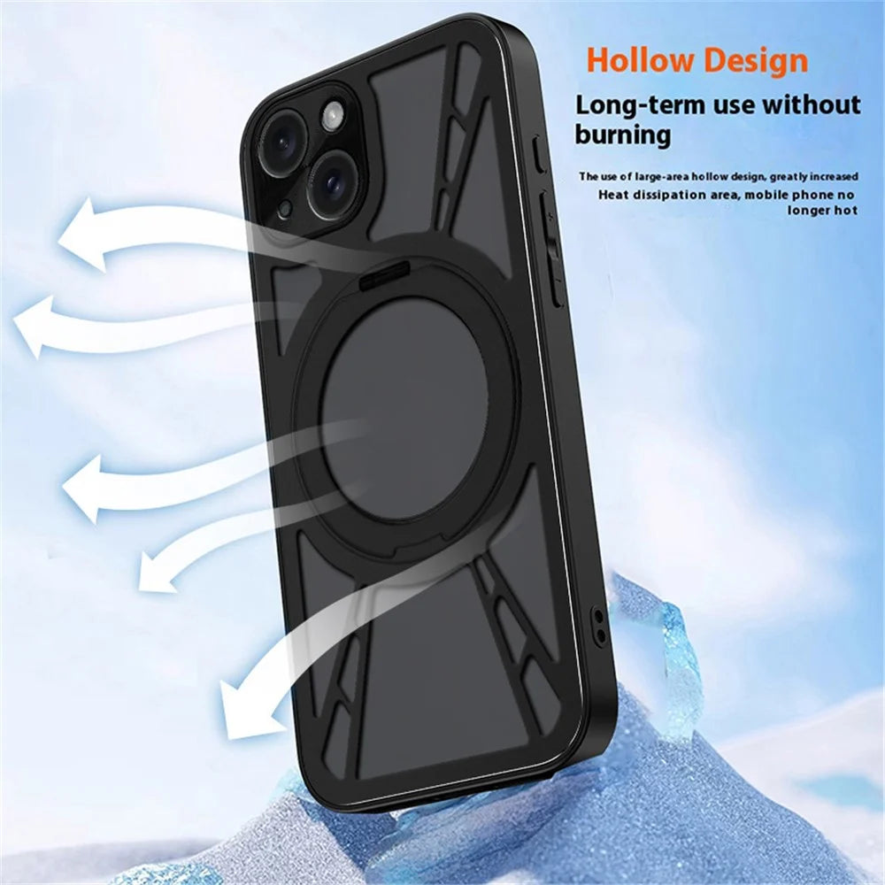 For iPhone 13 Case Magnetic Kickstand Hollow Heat Dissipation Silicone + PC + Metal Bumper Phone Cover - Black - 5