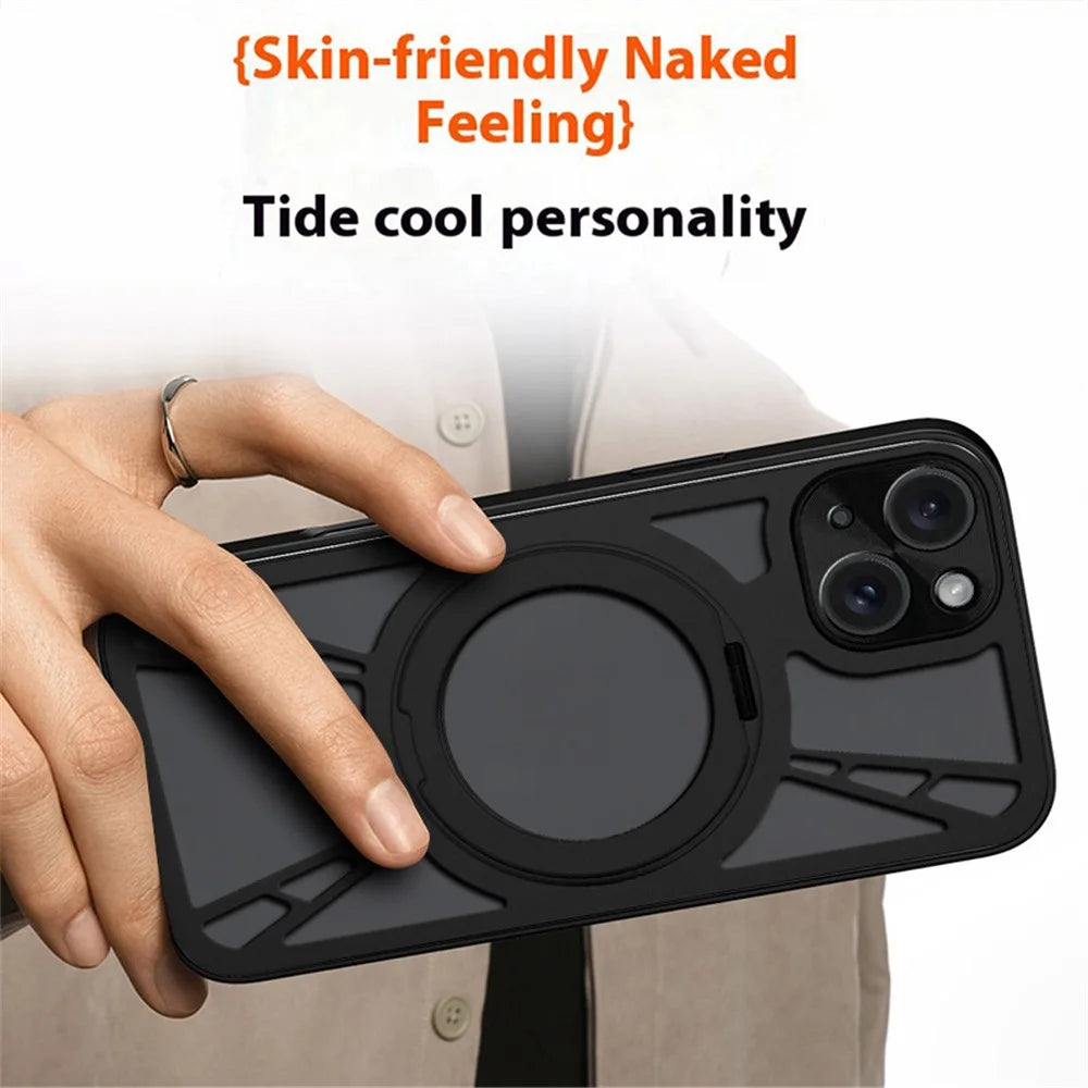 For iPhone 13 Case Magnetic Kickstand Hollow Heat Dissipation Silicone + PC + Metal Bumper Phone Cover - Black - 6