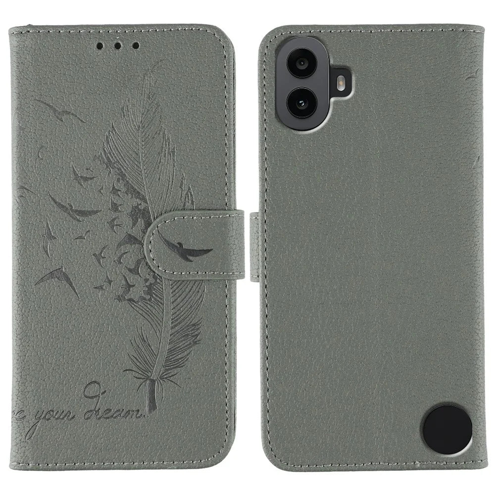 For Nothing CMF Phone 1 Case Feather Imprint PU Leather Wallet Phone Cover - Grey - 1