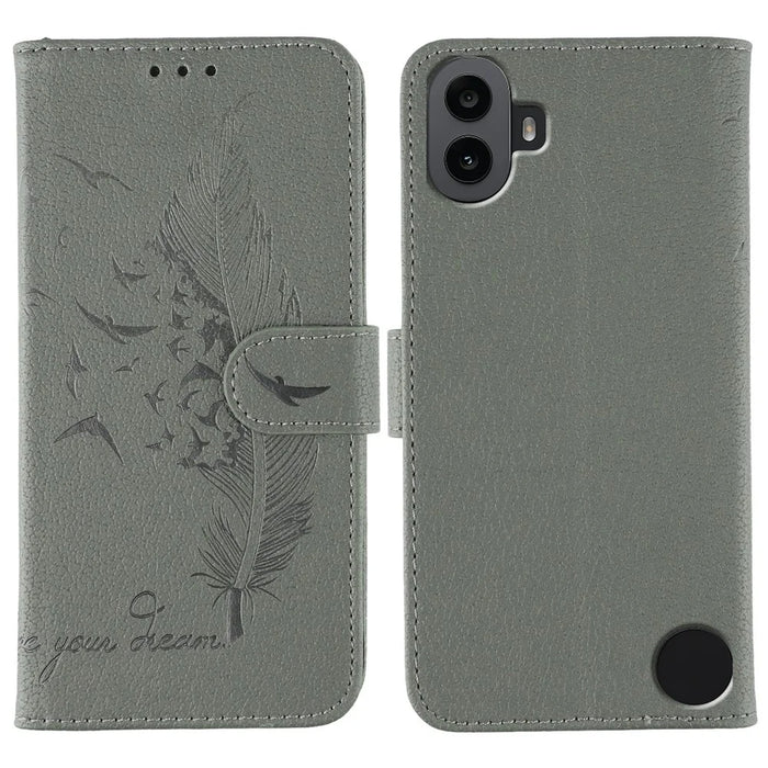 For Nothing CMF Phone 1 Case Feather Imprint PU Leather Wallet Phone Cover - Grey - 1
