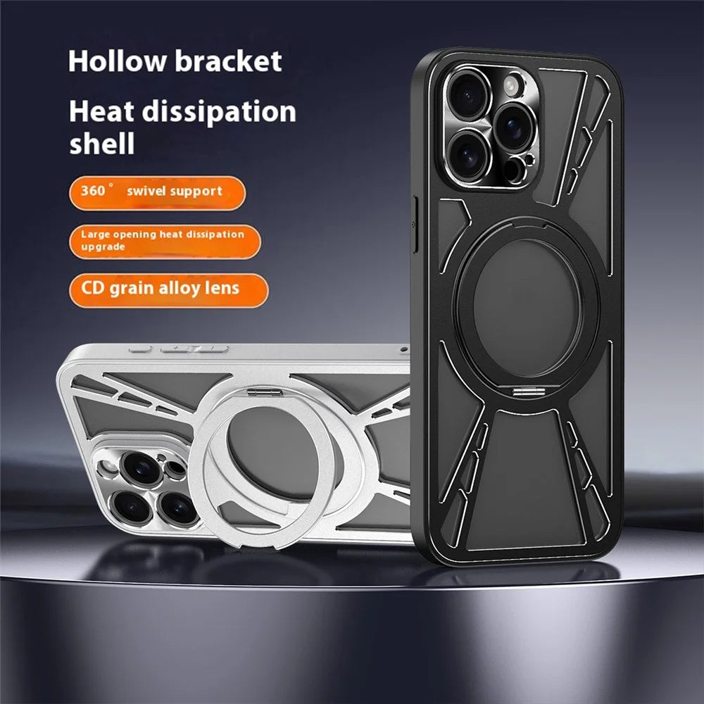 For iPhone 13 Pro Case Magnetic Kickstand Hollow Heat Dissipation Silicone + PC + Metal Bumper Phone Cover - Black - 2