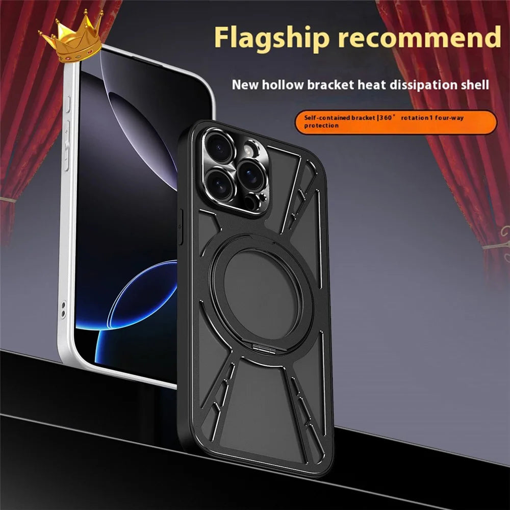 For iPhone 13 Pro Case Magnetic Kickstand Hollow Heat Dissipation Silicone + PC + Metal Bumper Phone Cover - Black - 3