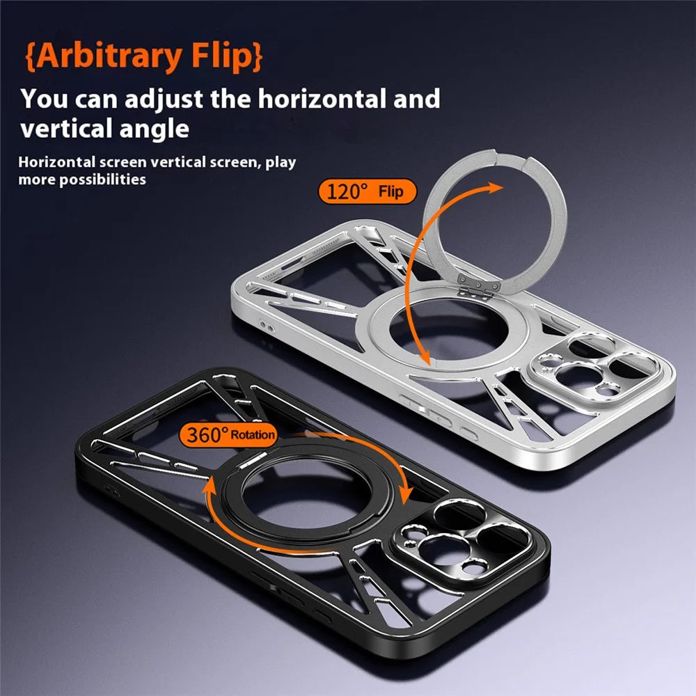 For iPhone 13 Pro Case Magnetic Kickstand Hollow Heat Dissipation Silicone + PC + Metal Bumper Phone Cover - Black - 4