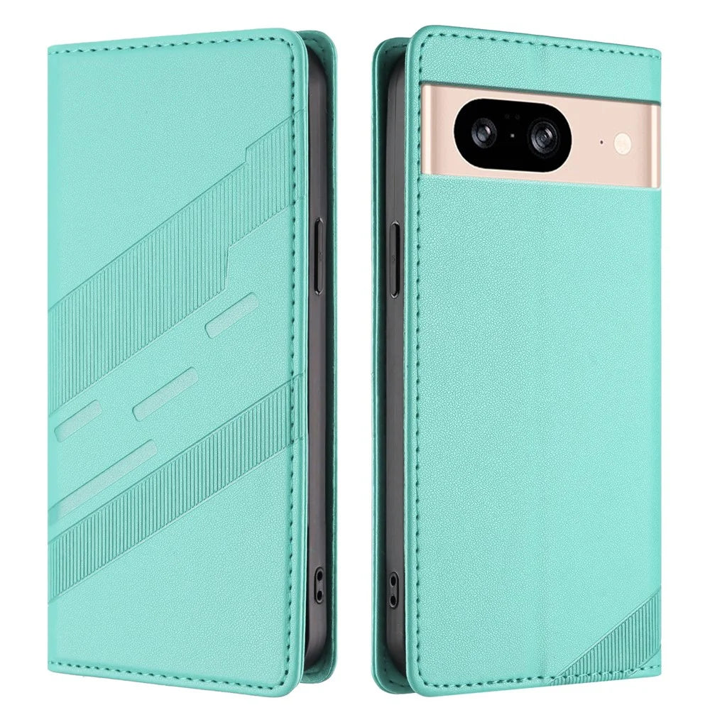 For Google Pixel 8 Phone Cases Punk Style Imprinted Wallet Stand Leather Cover - Mint Green - 1