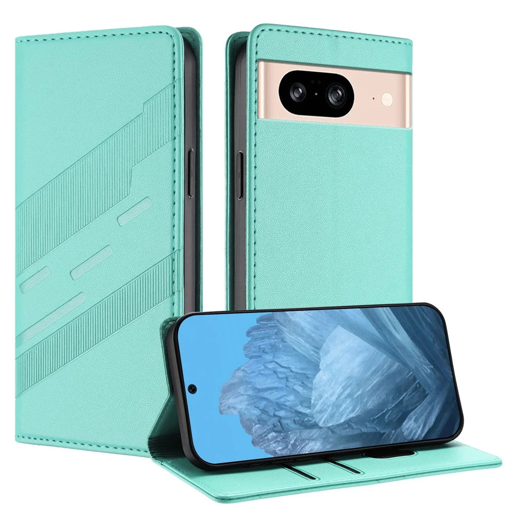 For Google Pixel 8 Phone Cases Punk Style Imprinted Wallet Stand Leather Cover - Mint Green - 2