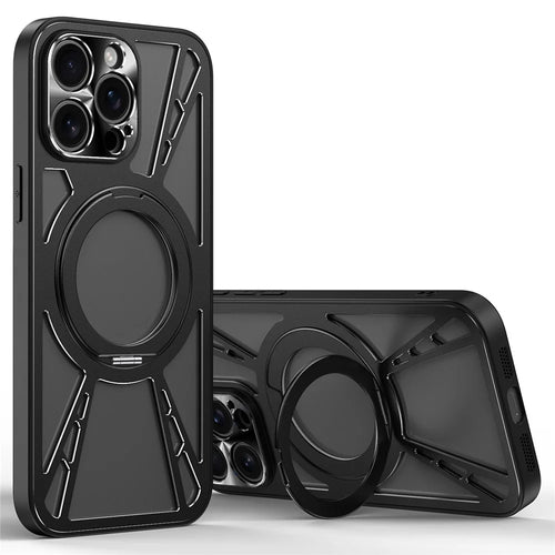 For iPhone 13 Pro Max Case Magnetic Kickstand Hollow Heat Dissipation Silicone + PC + Metal Bumper Phone Cover - Black - 1