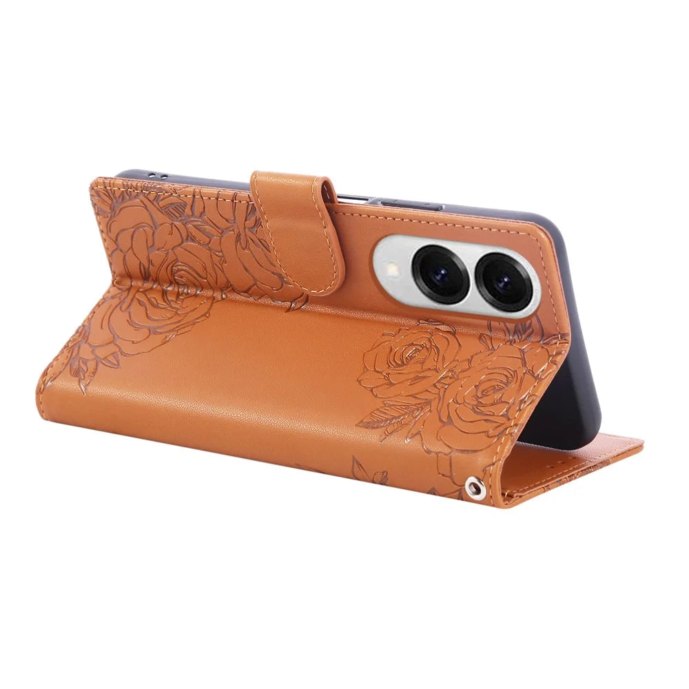 For Samsung Galaxy S25 Edge Case Rose Flower PU Leather Wallet Phone Cover with 3 Card Slots - Brown - 4