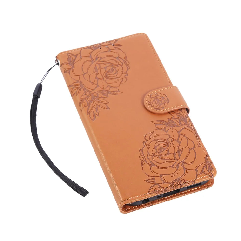 For Samsung Galaxy S25 Edge Case Rose Flower PU Leather Wallet Phone Cover with 3 Card Slots - Brown - 5