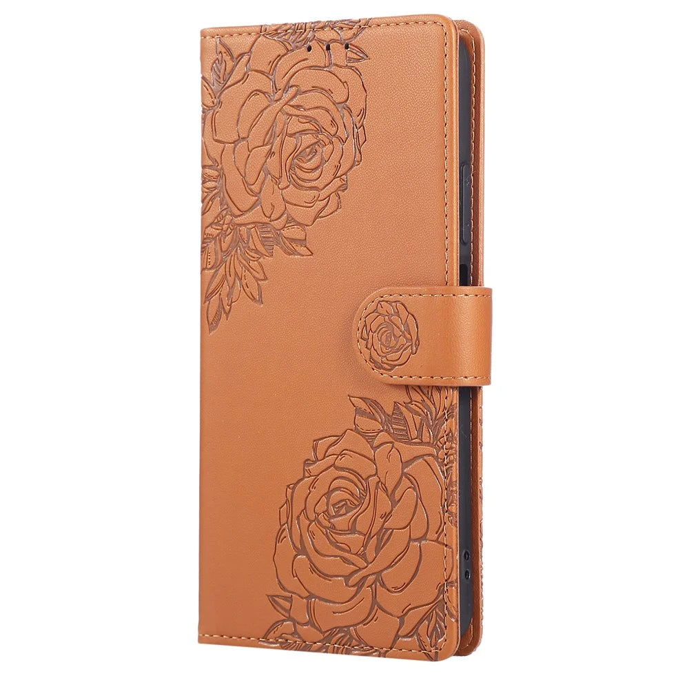 For Samsung Galaxy S25 Edge Case Rose Flower PU Leather Wallet Phone Cover with 3 Card Slots - Brown - 6