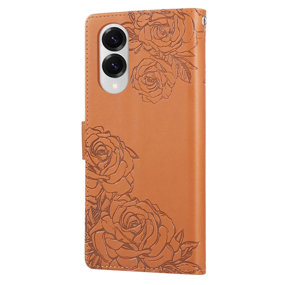 For Samsung Galaxy S25 Edge Case Rose Flower PU Leather Wallet Phone Cover with 3 Card Slots - Brown - 7