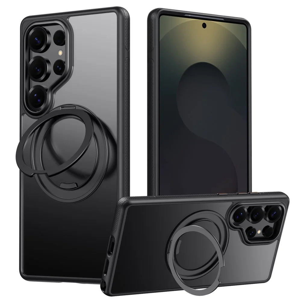 For Samsung Galaxy S25 Ultra Magnetic Case Rotating Gear Pivot Kickstand PC + TPU Phone Back Cover - Matte Black - 1