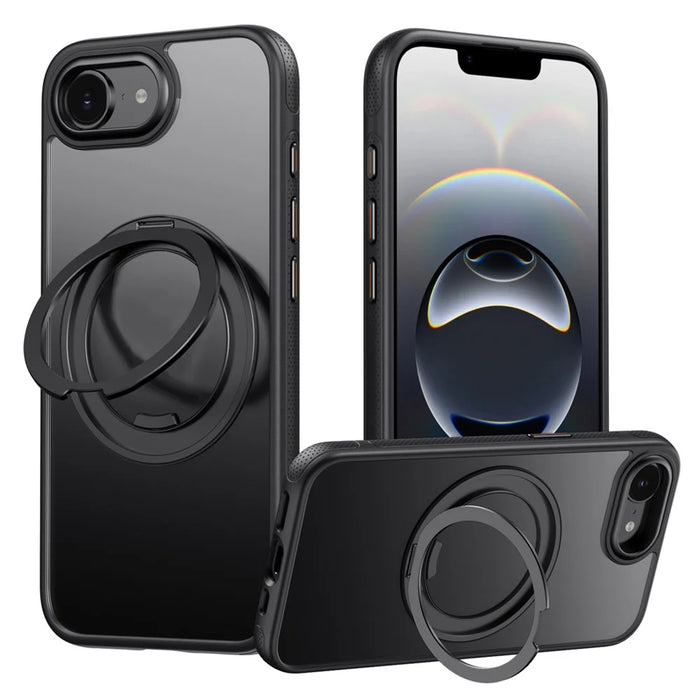 For iPhone 17e / 16e Magnetic Case Rotating Gear Pivot Kickstand PC + TPU Phone Back Cover - Matte Black - 1