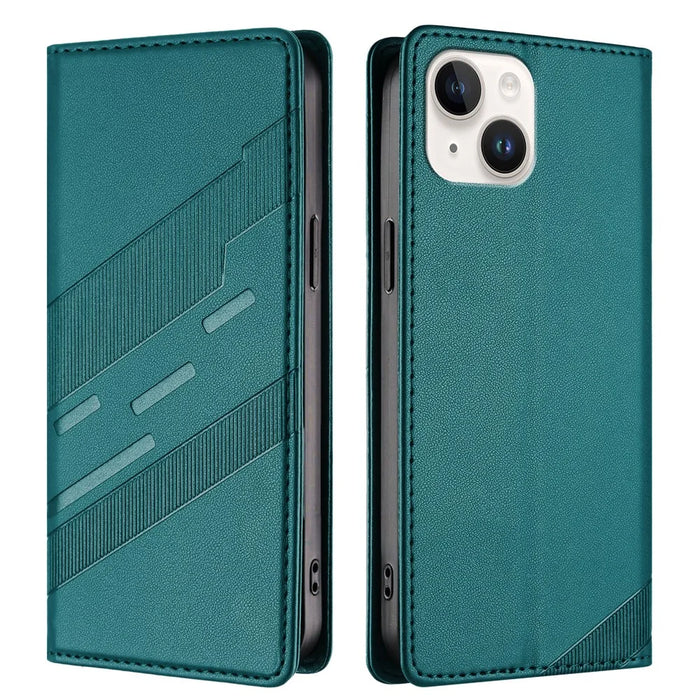 For iPhone 13 6.1 inch Phone Cases Punk Style Imprinted Wallet Stand Leather Cover - Dark Green - 1