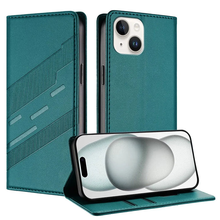 For iPhone 13 6.1 inch Phone Cases Punk Style Imprinted Wallet Stand Leather Cover - Dark Green - 2