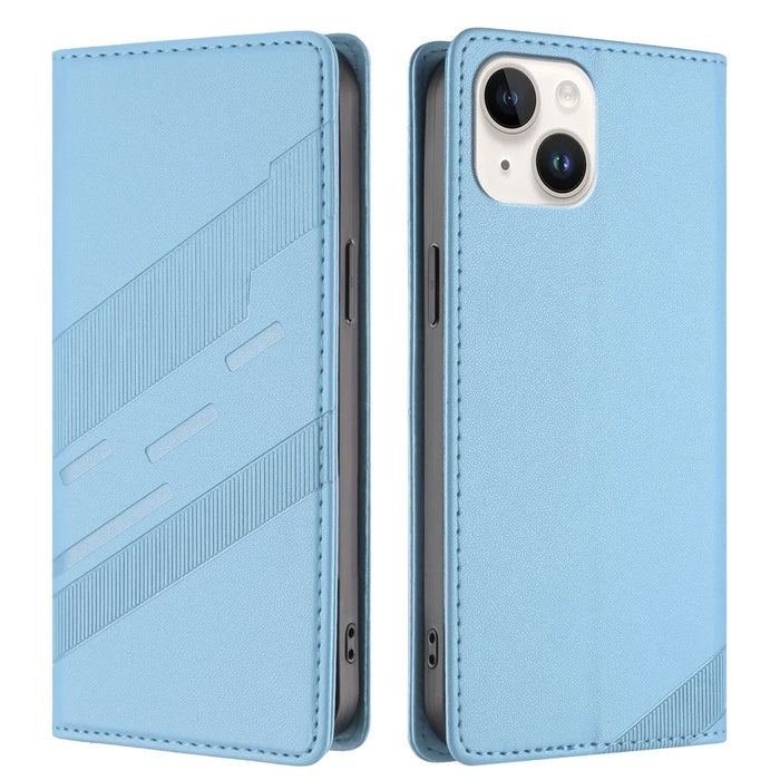 For iPhone 14 Phone Cases Punk Style Imprinted Wallet Stand Leather Cover - Baby Blue - 1