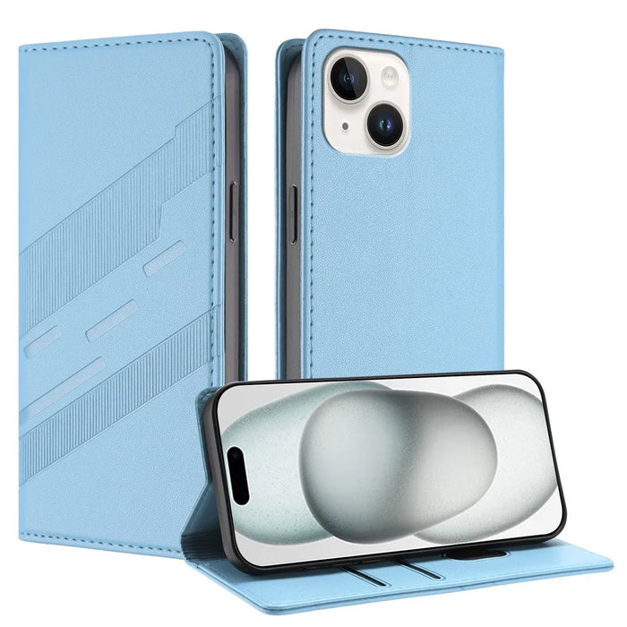 For iPhone 14 Phone Cases Punk Style Imprinted Wallet Stand Leather Cover - Baby Blue - 2