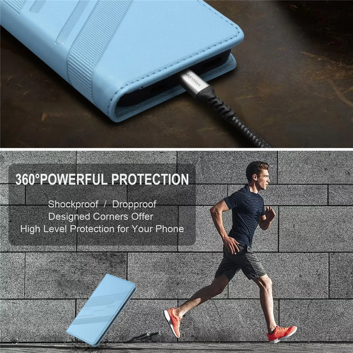 For iPhone 14 Phone Cases Punk Style Imprinted Wallet Stand Leather Cover - Baby Blue - 6