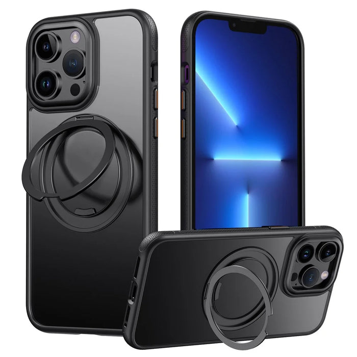For iPhone 13 Pro Max Magnetic Case Rotating Gear Pivot Kickstand PC + TPU Phone Back Cover - Matte Black - 1