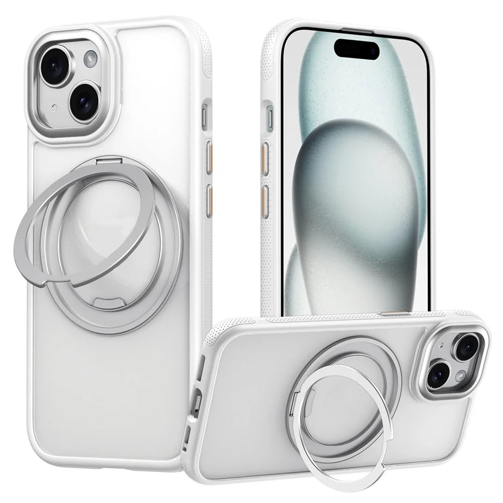 For iPhone 15 Magnetic Case Rotating Gear Pivot Kickstand PC + TPU Phone Back Cover - Matte White - 1