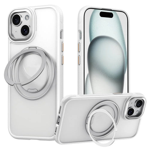 For iPhone 15 Magnetic Case Rotating Gear Pivot Kickstand PC + TPU Phone Back Cover - Matte White - 1