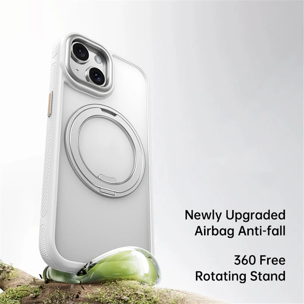 For iPhone 15 Magnetic Case Rotating Gear Pivot Kickstand PC + TPU Phone Back Cover - Matte White - 2