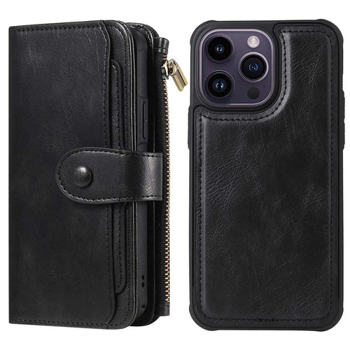 For iPhone 14 Pro Max Magnetic Case Detachable PU Leather Zipper Wallet Cover - Black - 1