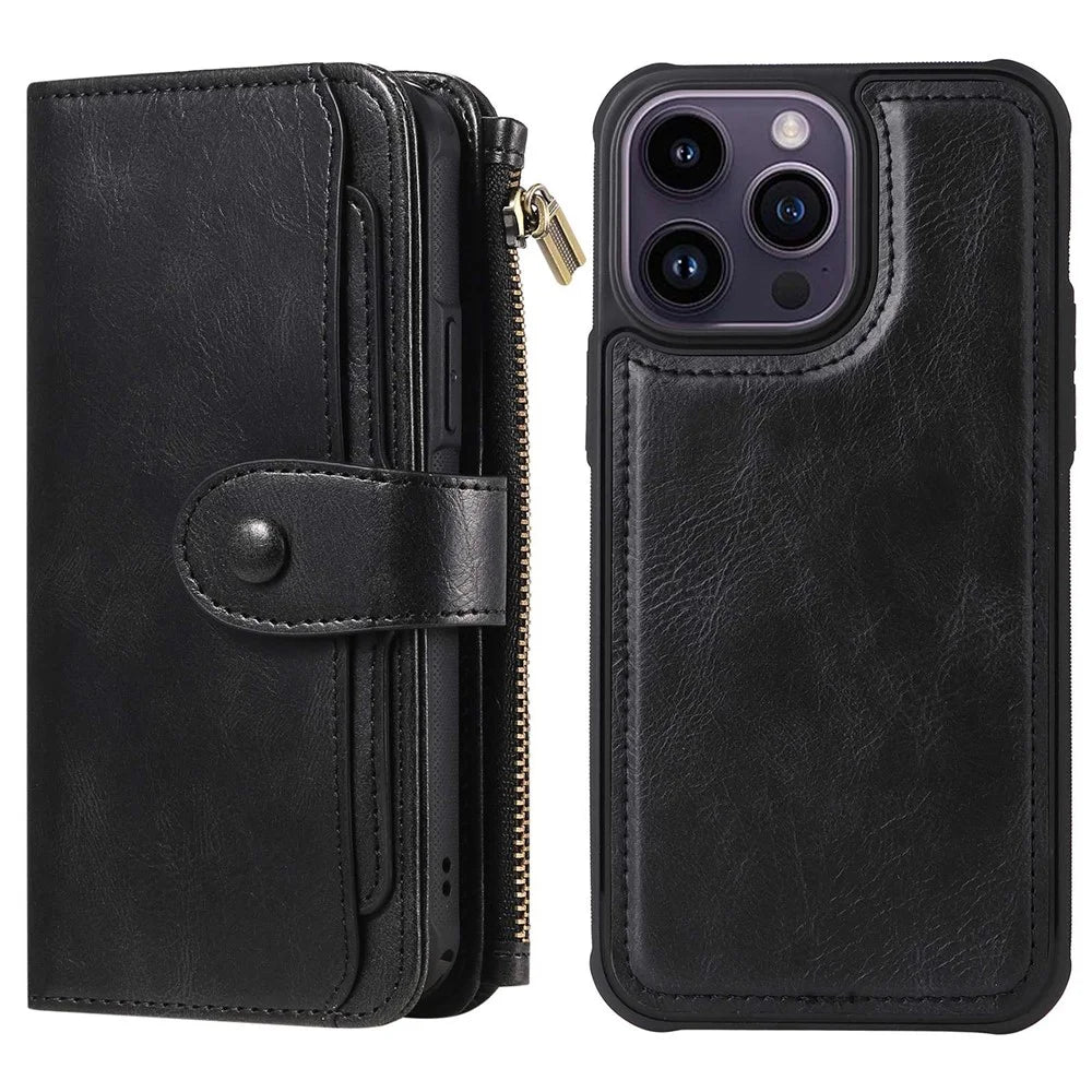 For iPhone 14 Pro Max Magnetic Case Detachable PU Leather Zipper Wallet Cover - Black - 1