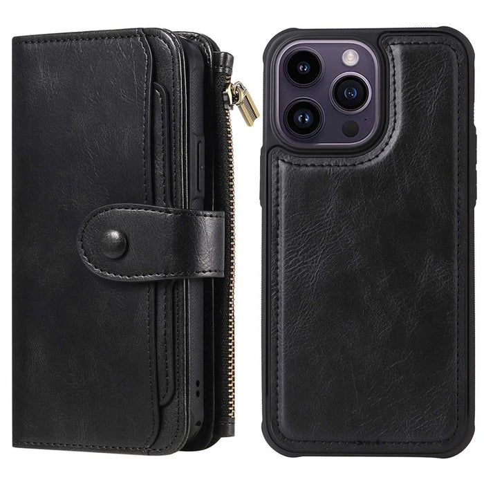 For iPhone 14 Pro Max Magnetic Case Detachable PU Leather Zipper Wallet Cover - Black - 1