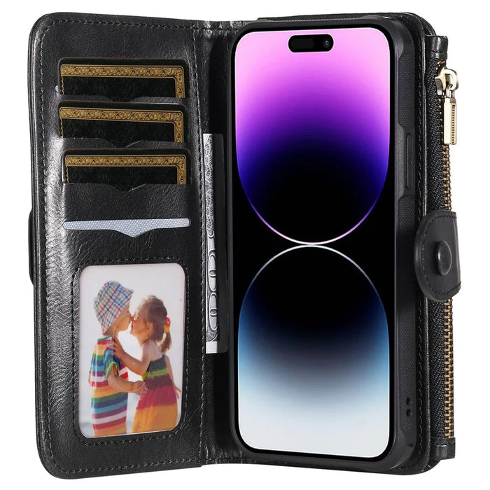 For iPhone 14 Pro Max Magnetic Case Detachable PU Leather Zipper Wallet Cover - Black - 2