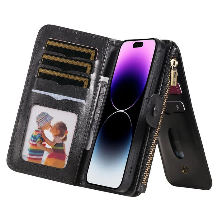For iPhone 14 Pro Max Magnetic Case Detachable PU Leather Zipper Wallet Cover - Black - 3