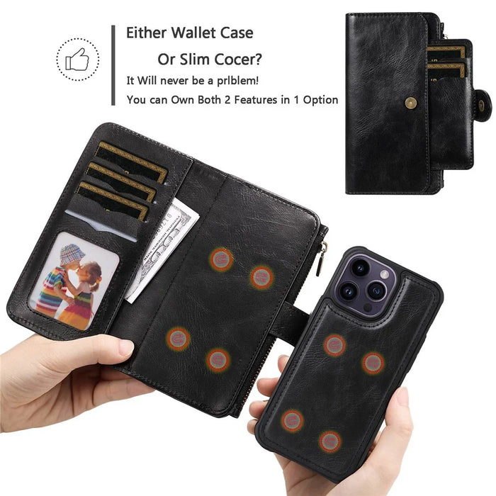 For iPhone 14 Pro Max Magnetic Case Detachable PU Leather Zipper Wallet Cover - Black - 6