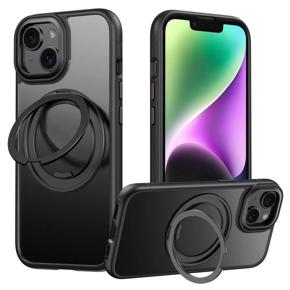 For iPhone 14  /  13 Magnetic Case Rotating Gear Pivot Kickstand PC + TPU Phone Back Cover - Matte Black - 1