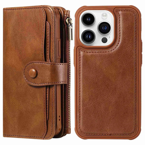 For iPhone 14 Pro Magnetic Case Detachable PU Leather Zipper Wallet Cover - Brown - 1