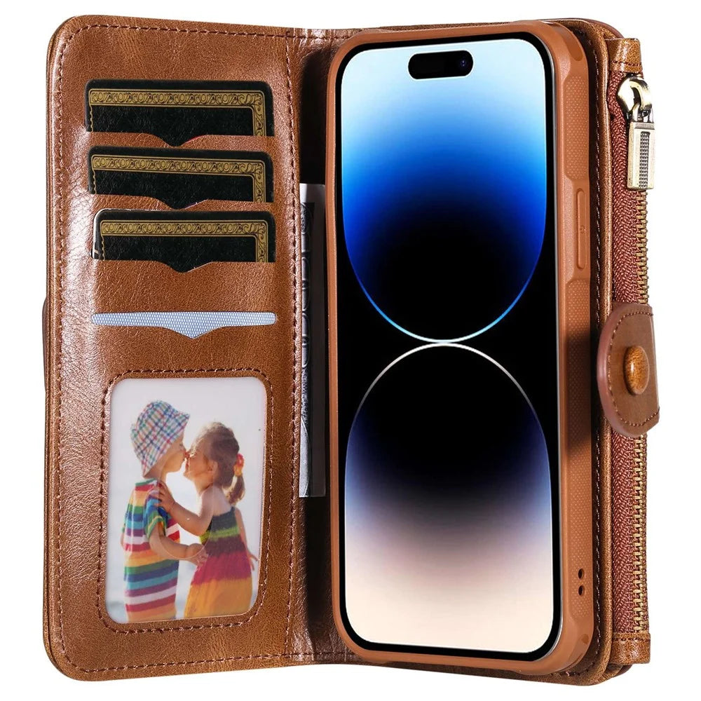 For iPhone 14 Pro Magnetic Case Detachable PU Leather Zipper Wallet Cover - Brown - 2