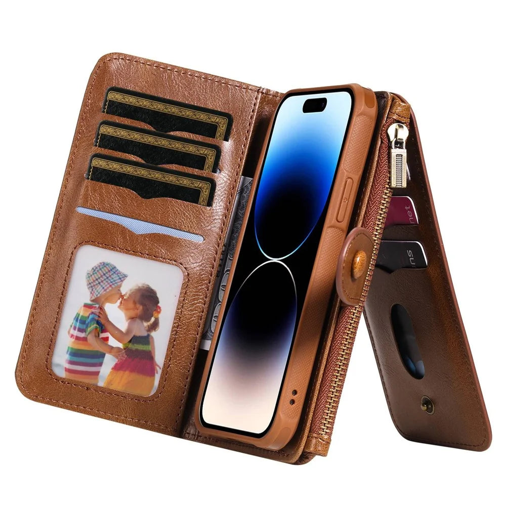For iPhone 14 Pro Magnetic Case Detachable PU Leather Zipper Wallet Cover - Brown - 3