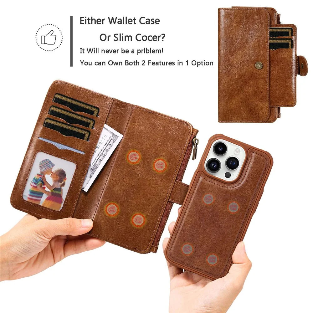 For iPhone 14 Pro Magnetic Case Detachable PU Leather Zipper Wallet Cover - Brown - 6
