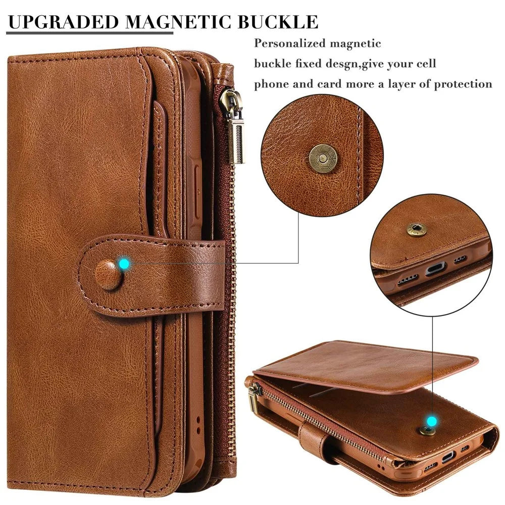 For iPhone 14 Pro Magnetic Case Detachable PU Leather Zipper Wallet Cover - Brown - 7