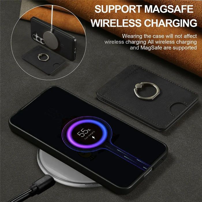 For Samsung Galaxy S24+ Magnetic Case PC + PU Phone Back Cover with Detachable Card Holder - Black - 6
