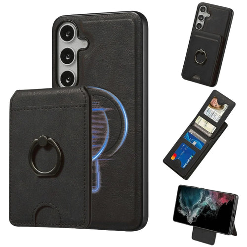 For Samsung Galaxy S25 Magnetic Case PC + PU Phone Back Cover with Detachable Card Holder - Black - 1