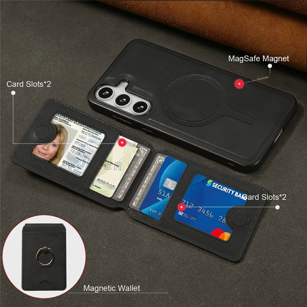 For Samsung Galaxy S25+ Magnetic Case PC + PU Phone Back Cover with Detachable Card Holder - Black - 4