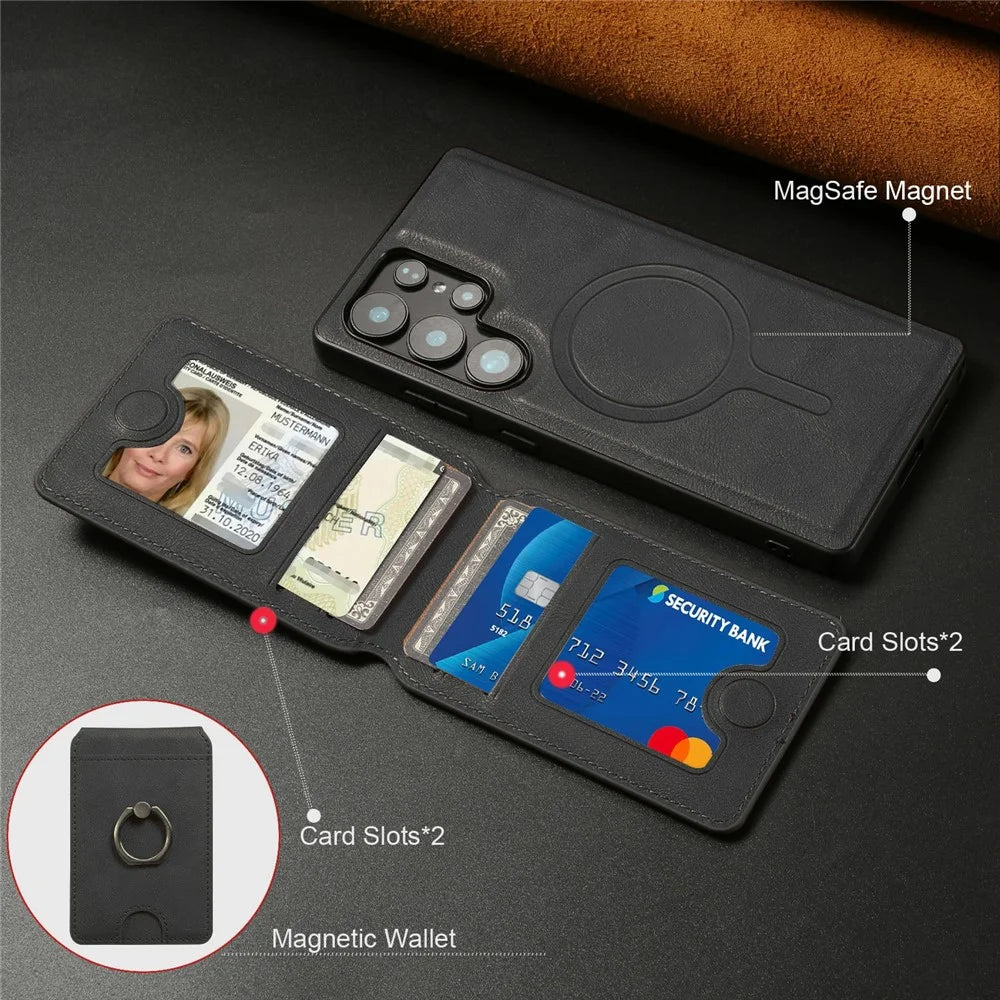For Samsung Galaxy S25 Ultra Magnetic Case PC + PU Phone Back Cover with Detachable Card Holder - Black - 5