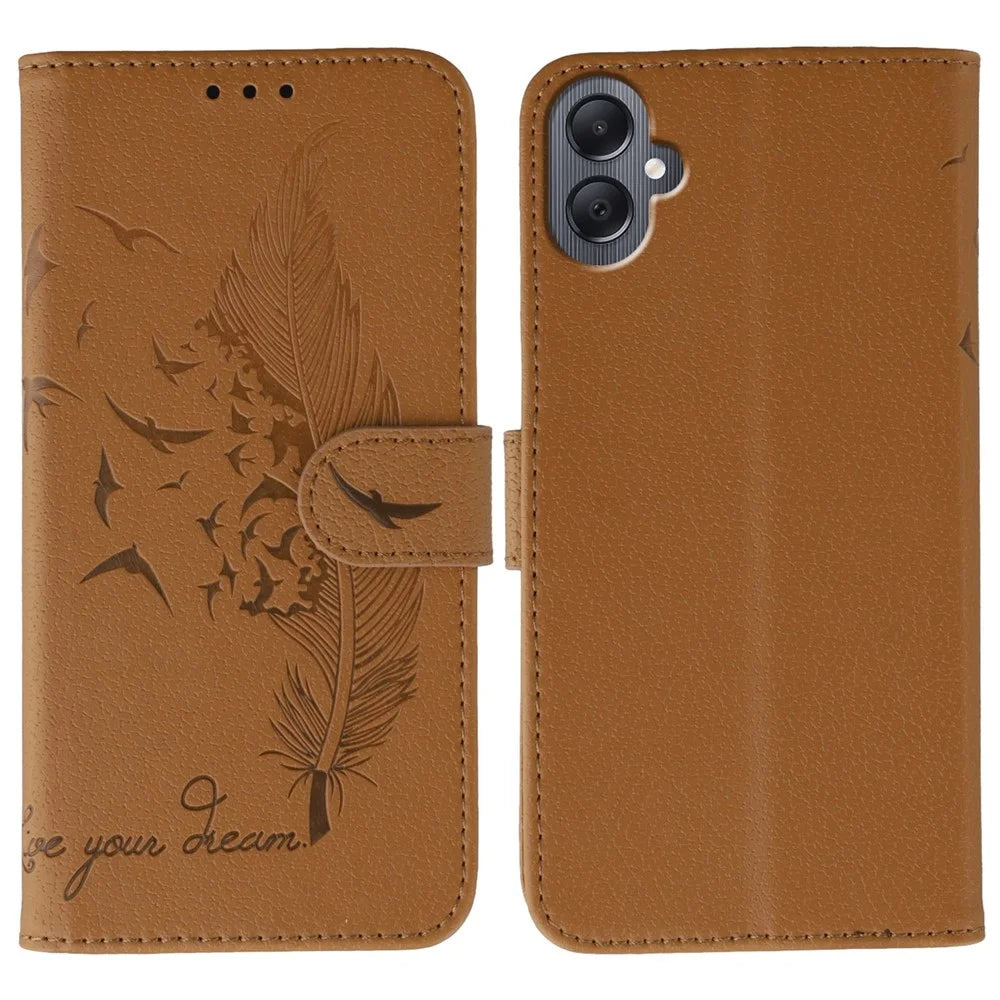 For Samsung Galaxy A05 4G Case Feather Imprint PU Leather Wallet Phone Cover - Brown - 1