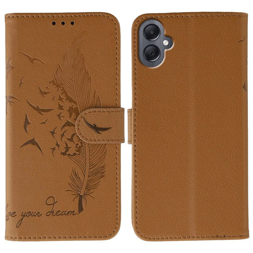 For Samsung Galaxy A05 4G Case Feather Imprint PU Leather Wallet Phone Cover - Brown - 1
